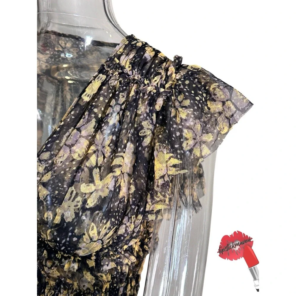 Free People Making Me Smile Top Small Black Floral Pleated‎ Mesh Cropped V Neck